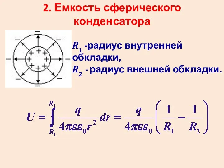 2. Емкость сферического конденсатора R1 -радиус внутренней обкладки, R2 - радиус внешней обкладки.