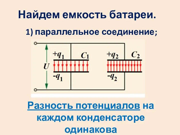 Найдем емкость батареи. Разность потенциалов на каждом конденсаторе одинакова 1) параллельное соединение;