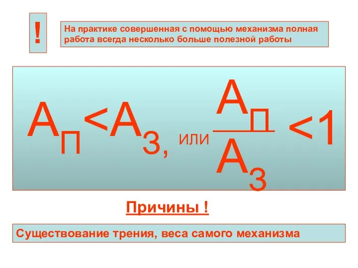 На практике совершенная с помощью механизма полная работа всегда несколько больше