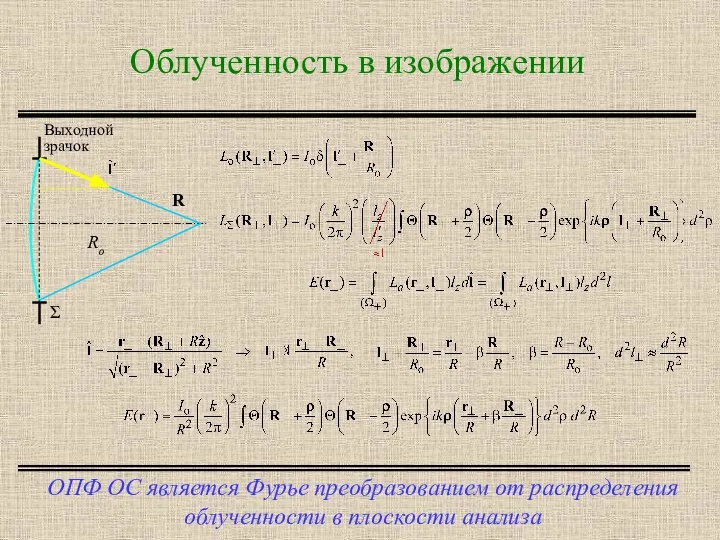 Облученность в изображении ОПФ ОС является Фурье преобразованием от распределения облученности в плоскости анализа