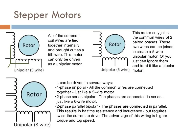 Stepper Motors All of the common coil wires are tied together