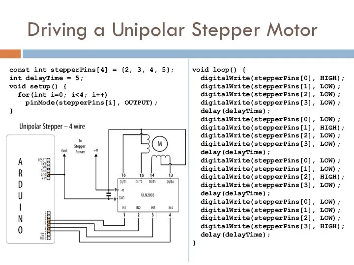 Driving a Unipolar Stepper Motor const int stepperPins[4] = {2, 3,