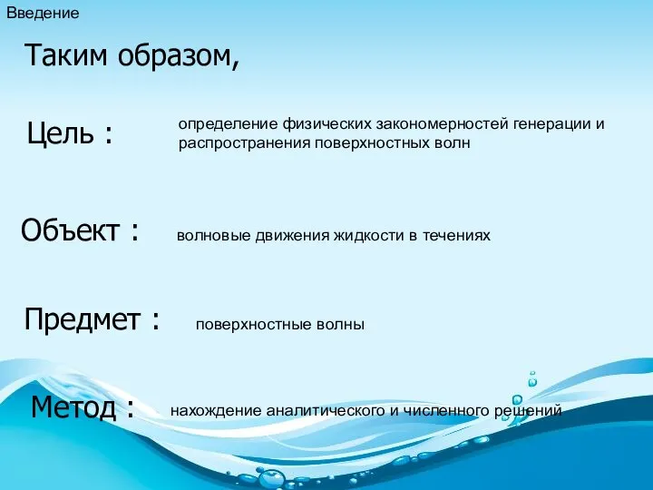 Введение Цель : определение физических закономерностей генерации и распространения поверхностных волн