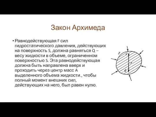 Закон Архимеда Равнодействующая F сил гидростатического давления, действующих на поверхность S,