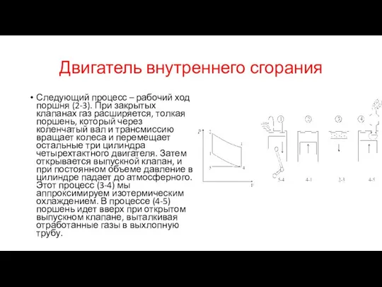 Двигатель внутреннего сгорания Следующий процесс – рабочий ход поршня (2-3). При