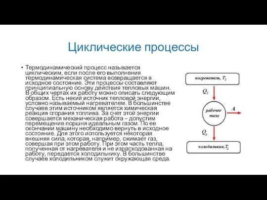 Циклические процессы Термодинамический процесс называется циклическим, если после его выполнения термодинамическая