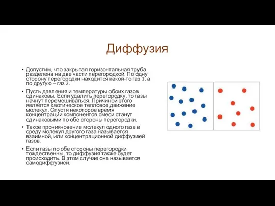 Диффузия Допустим, что закрытая горизонтальная труба разделена на две части перегородкой.