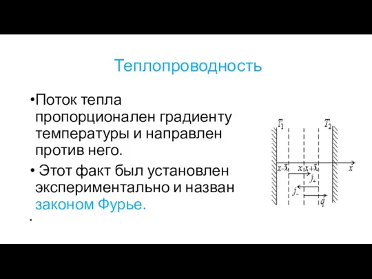 Теплопроводность Поток тепла пропорционален градиенту температуры и направлен против него. Этот