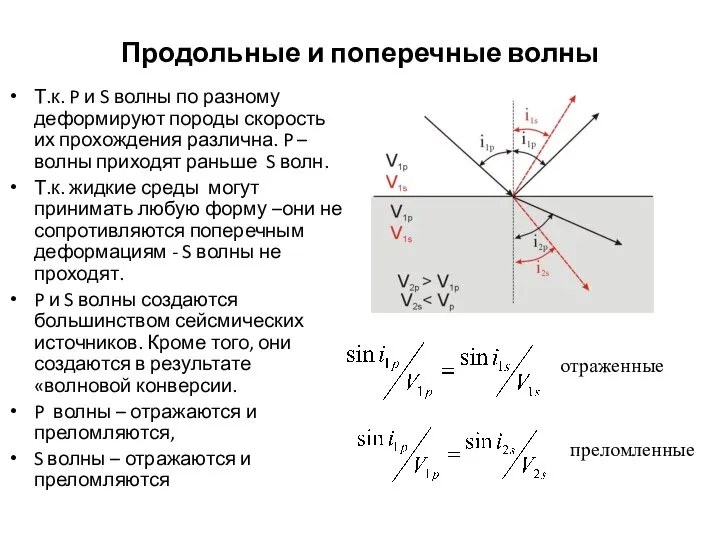 Продольные и поперечные волны Т.к. P и S волны по разному