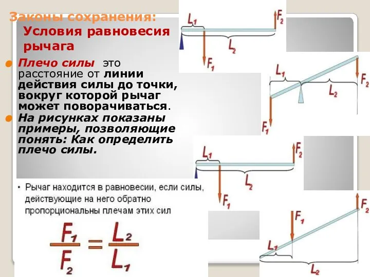 Законы сохранения: Условия равновесия рычага Плечо силы это расстояние от линии