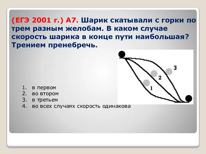 (ЕГЭ 2001 г.) А7. Шарик скатывали с горки по трем разным