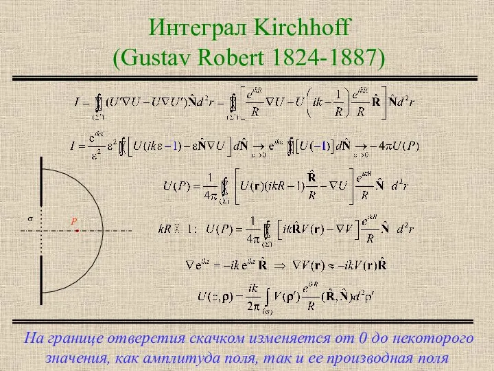 Интеграл Kirchhoff (Gustav Robert 1824-1887) На границе отверстия скачком изменяется от