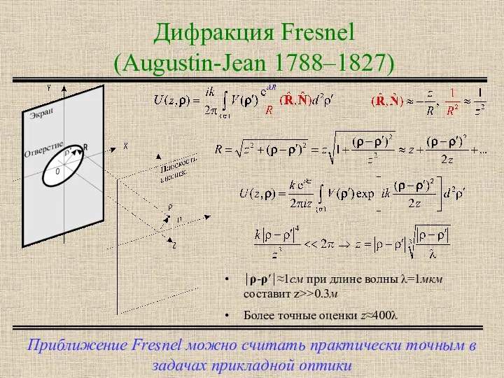 Дифракция Fresnel (Augustin-Jean 1788–1827) Приближение Fresnel можно считать практически точным в