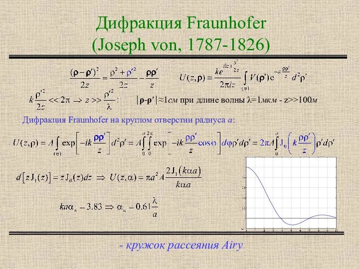 Дифракция Fraunhofer (Joseph von, 1787-1826) - кружок рассеяния Airy ⏐ρ-ρ′⏐≈1см при