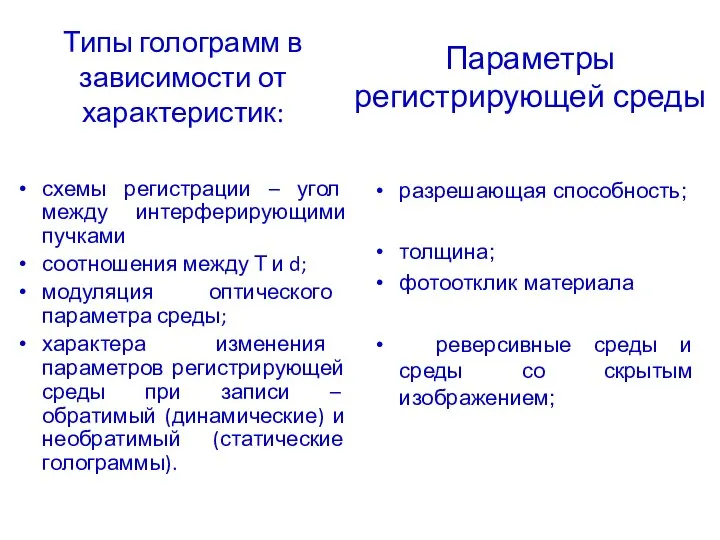 Типы голограмм в зависимости от характеристик: схемы регистрации – угол между