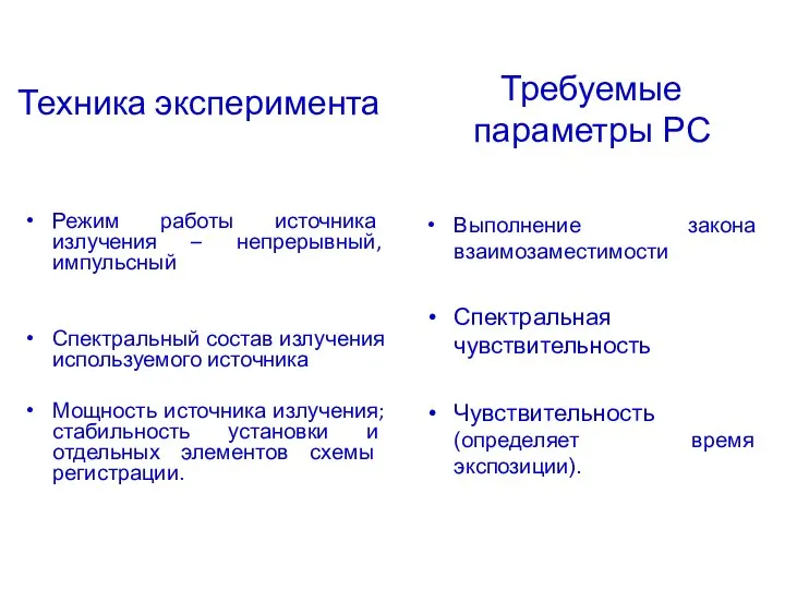 Техника эксперимента Режим работы источника излучения – непрерывный, импульсный Спектральный состав