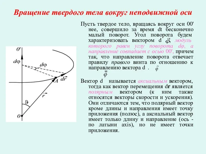 Вращение твердого тела вокруг неподвижной оси Пусть твердое тело, вращаясь вокруг