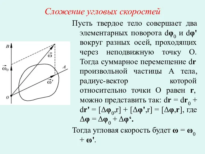 Сложение угловых скоростей Пусть твердое тело совершает два элементарных поворота dφ0