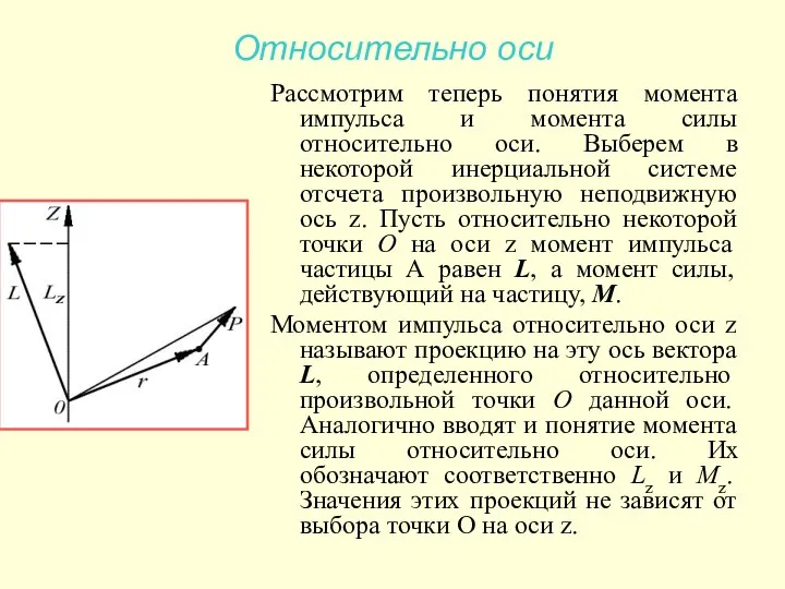 Относительно оси Рассмотрим теперь понятия момента импульса и момента силы относительно