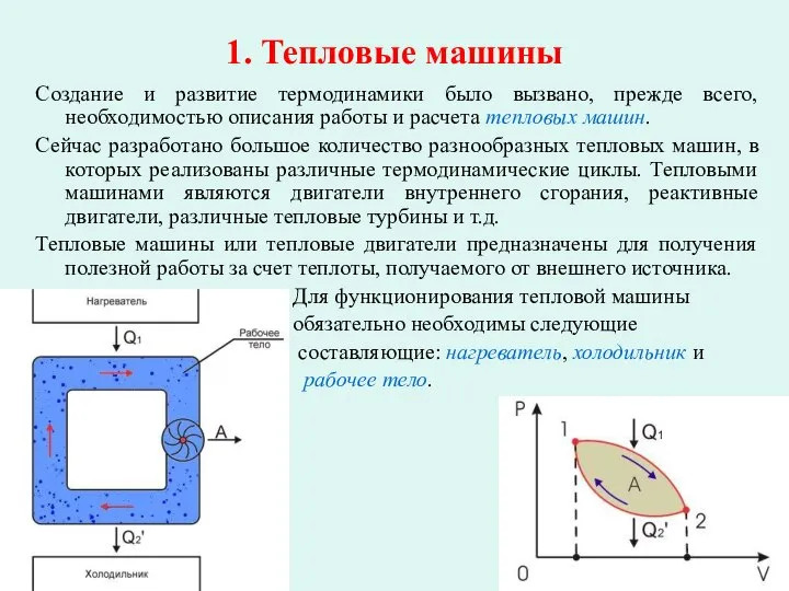 1. Тепловые машины Создание и развитие термодинамики было вызвано, прежде всего,