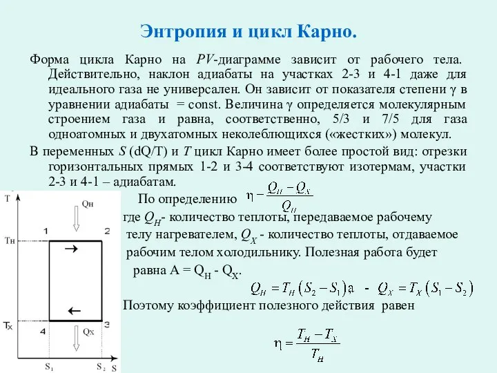 Энтропия и цикл Карно. Форма цикла Карно на PV-диаграмме зависит от