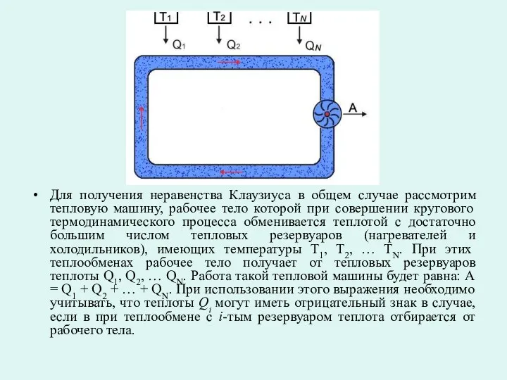 Для получения неравенства Клаузиуса в общем случае рассмотрим тепловую машину, рабочее