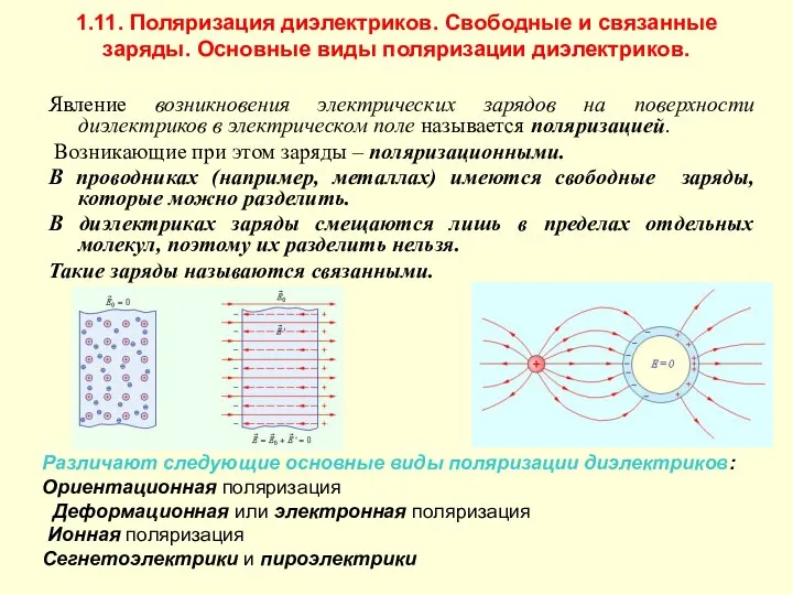 1.11. Поляризация диэлектриков. Свободные и связанные заряды. Основные виды поляризации диэлектриков.