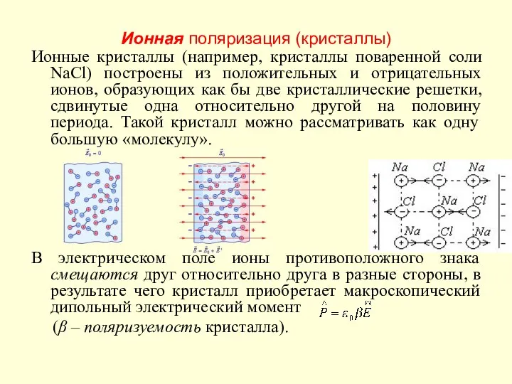 Ионная поляризация (кристаллы) Ионные кристаллы (например, кристаллы поваренной соли NaCl) построены