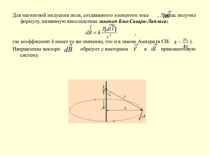 Для магнитной индукции поля, создаваемого элементом тока , Лаплас получил формулу,