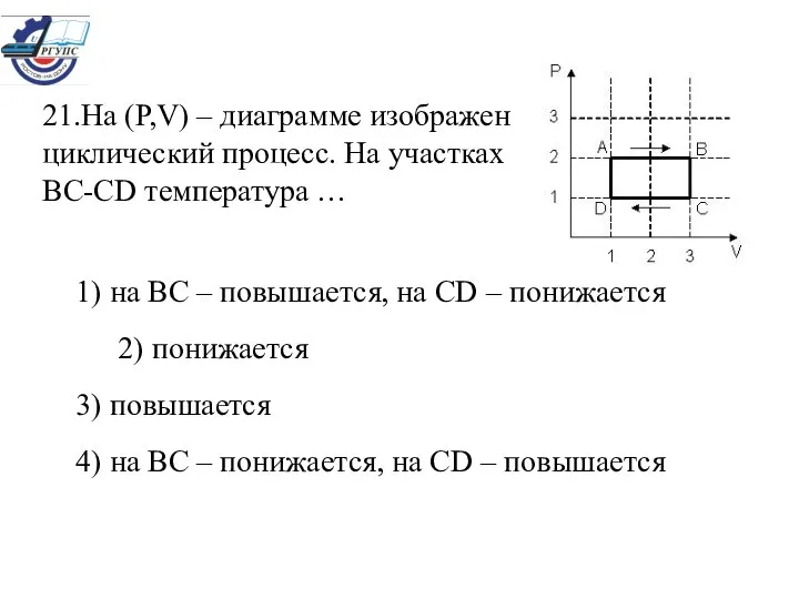 21.На (Р,V) – диаграмме изображен циклический процесс. На участках ВС-СD температура