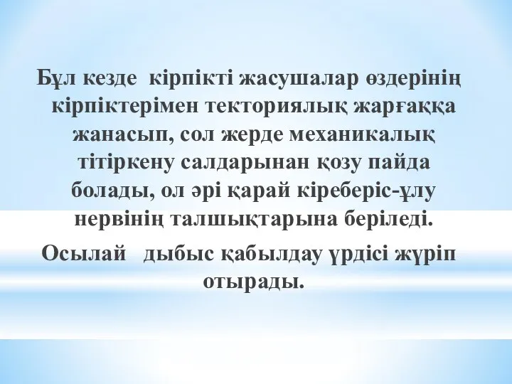 Бұл кезде кірпікті жасушалар өздерінің кірпіктерімен текториялық жарғаққа жанасып, сол жерде