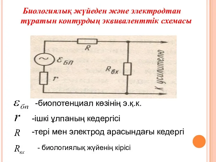 Биологиялық жүйеден және электродтан тұратын контурдың эквиваленттік схемасы -биопотенциал көзінің э.қ.к.