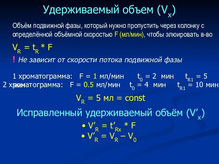 Удерживаемый объем (Vx) Исправленный удерживаемый объём (V’x) V’R = t’Rx *