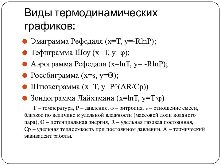 Виды термодинамических графиков: Эмаграмма Рефсдаля (x=T, y=-RlnP); Тефиграмма Шоу (x=Т, y=φ);