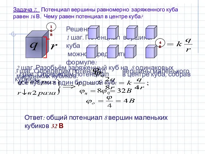 Задача 7. Потенциал вершины равномерно заряженного куба равен 16 В. Чему