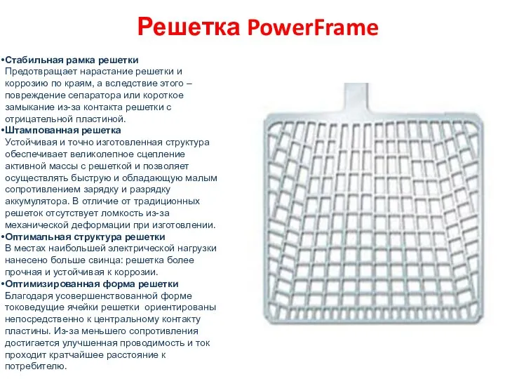 Решетка PowerFrame Стабильная рамка решетки Предотвращает нарастание решетки и коррозию по