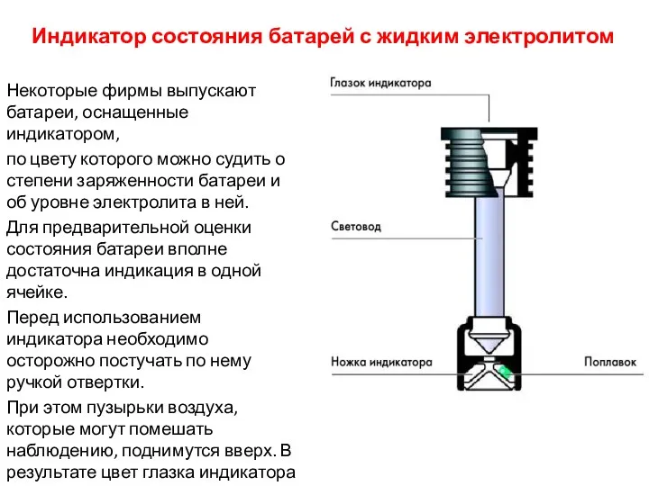 Индикатор состояния батарей с жидким электролитом Некоторые фирмы выпускают батареи, оснащенные