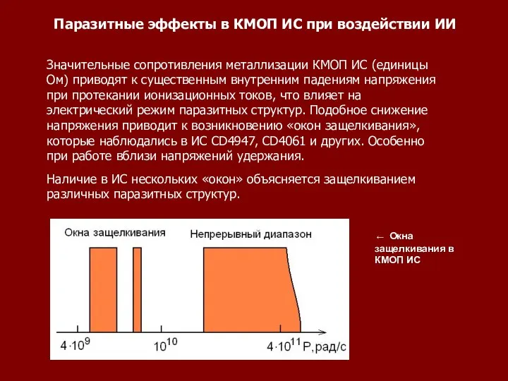 Паразитные эффекты в КМОП ИС при воздействии ИИ Значительные сопротивления металлизации