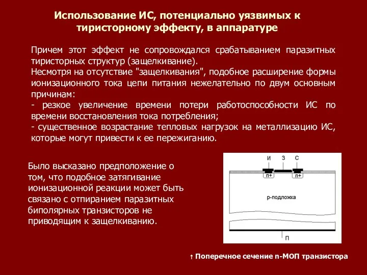 Причем этот эффект не сопровождался срабатыванием паразитных тиристорных структур (защелкивание). Несмотря