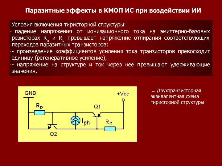 Паразитные эффекты в КМОП ИС при воздействии ИИ Условия включения тиристорной