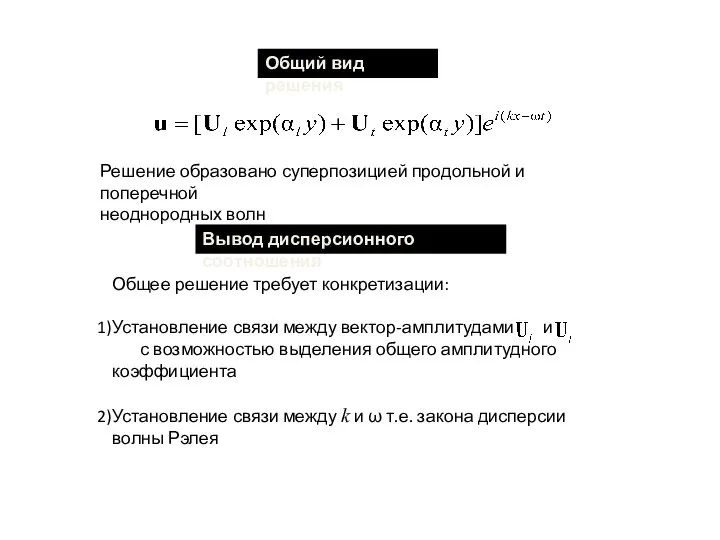 Общий вид решения Решение образовано суперпозицией продольной и поперечной неоднородных волн