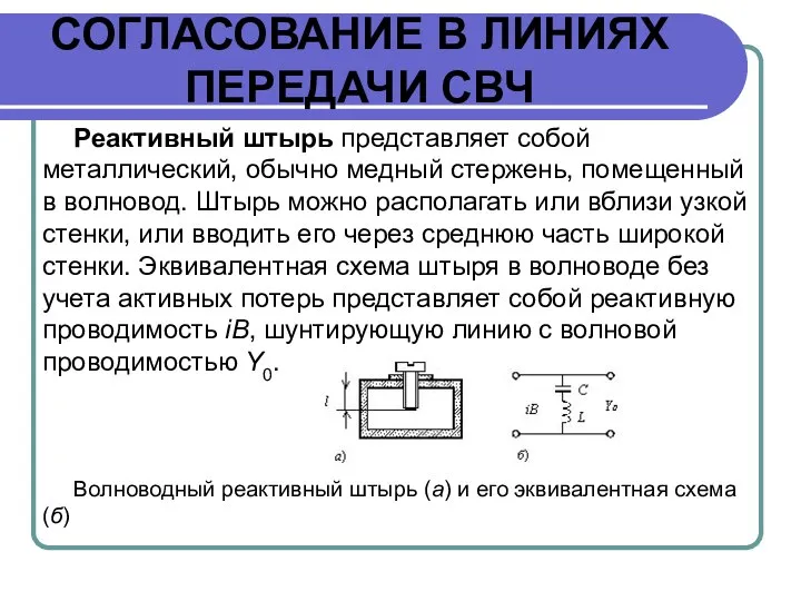 СОГЛАСОВАНИЕ В ЛИНИЯХ ПЕРЕДАЧИ СВЧ Реактивный штырь представляет собой металлический, обычно