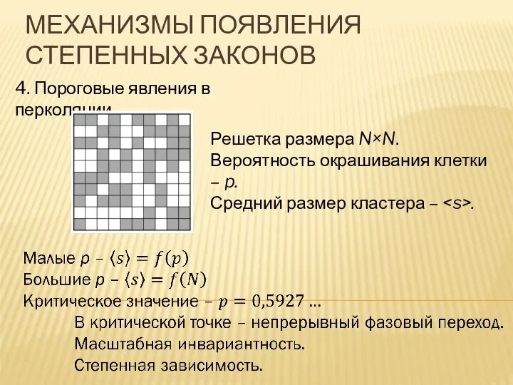 МЕХАНИЗМЫ ПОЯВЛЕНИЯ СТЕПЕННЫХ ЗАКОНОВ 4. Пороговые явления в перколяции. Решетка размера