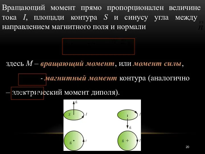 Вращающий момент прямо пропорционален величине тока I, площади контура S и