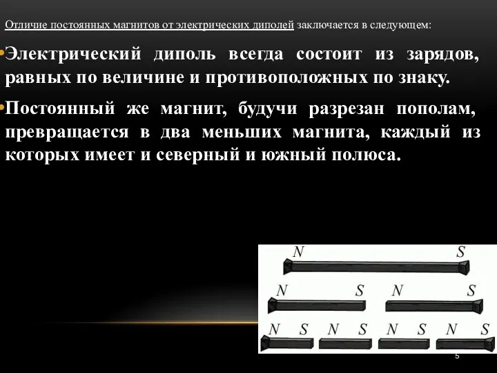 Отличие постоянных магнитов от электрических диполей заключается в следующем: Электрический диполь