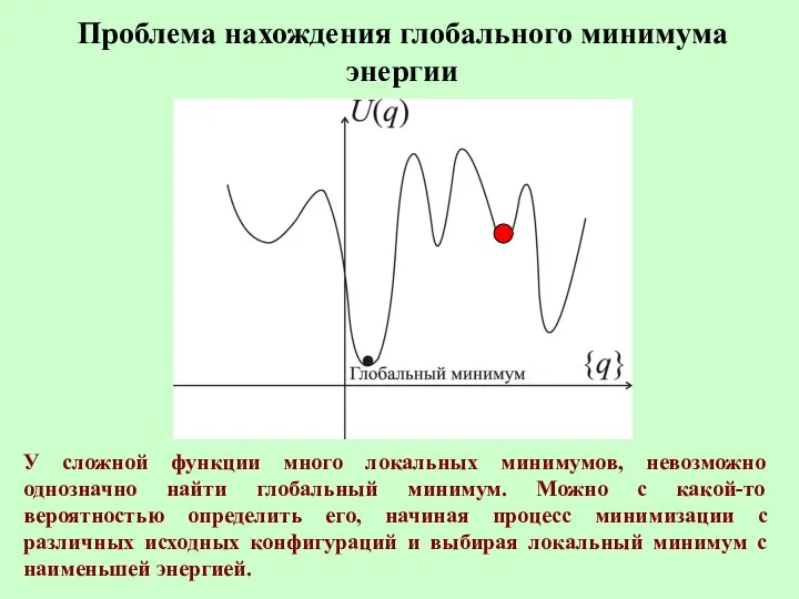 Проблема нахождения глобального минимума энергии У сложной функции много локальных минимумов,