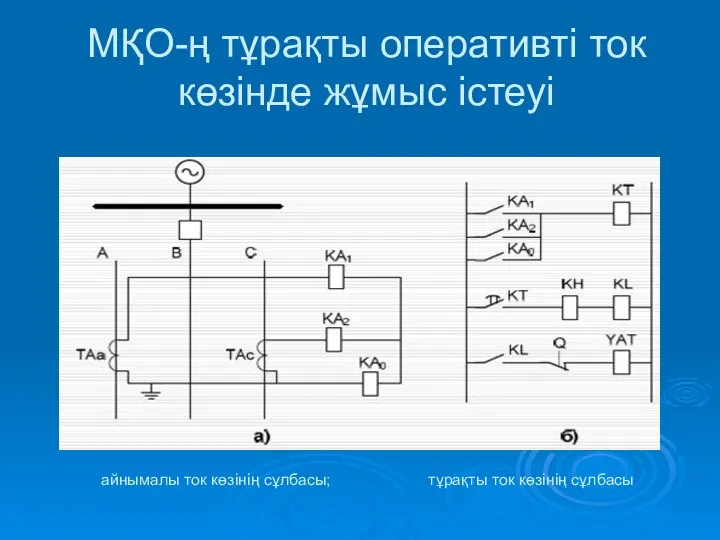 МҚО-ң тұрақты оперативті ток көзінде жұмыс істеуі айнымалы ток көзінің сұлбасы; тұрақты ток көзінің сұлбасы