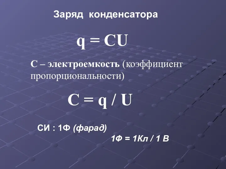 Заряд конденсатора q = CU C – электроемкость (коэффициент пропорциональности) C