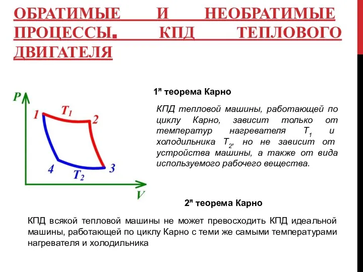 ОБРАТИМЫЕ И НЕОБРАТИМЫЕ ПРОЦЕССЫ. КПД ТЕПЛОВОГО ДВИГАТЕЛЯ 1я теорема Карно КПД