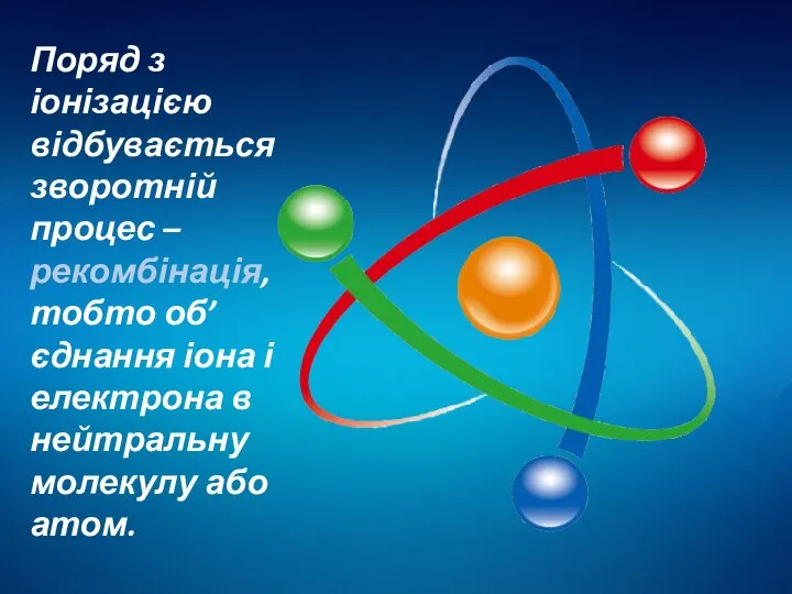 Поряд з іонізацією відбувається зворотній процес – рекомбінація, тобто об’єднання іона